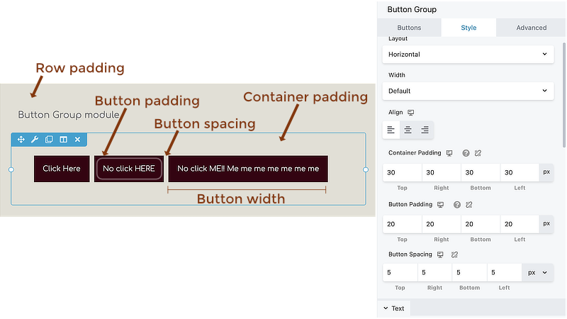 Button group padding, spacing, and width