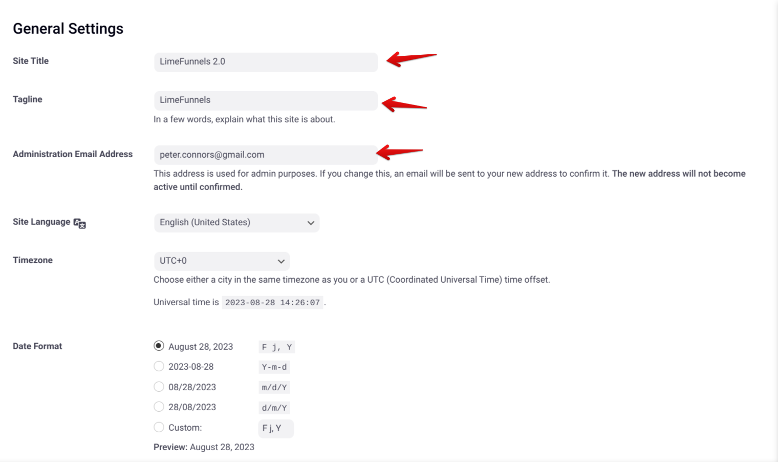 General settings page