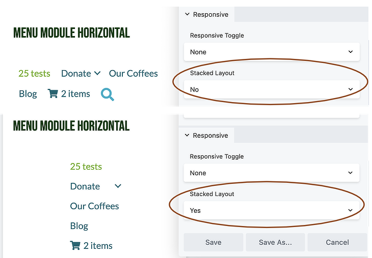 Menu module, resonsive toggle non, stacking option